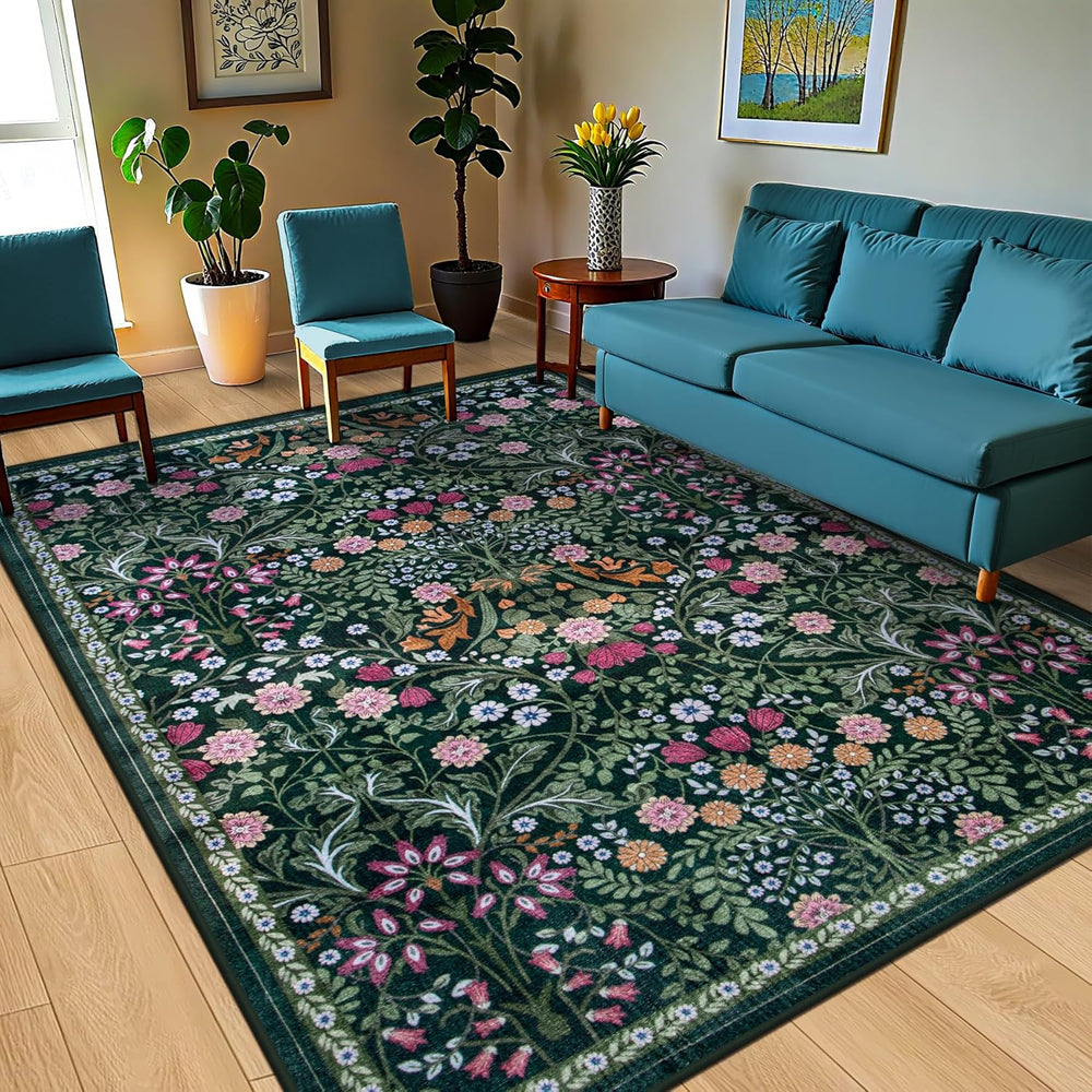 PLHXFR Area Rug 10x14 Living Room: Floral Washable Boho Carpet Dark Green