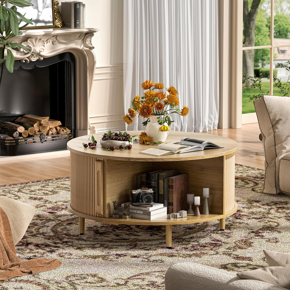 Round Coffee Table, 31.5" Fluted Center Table with Storage, Lift-Top Cof...