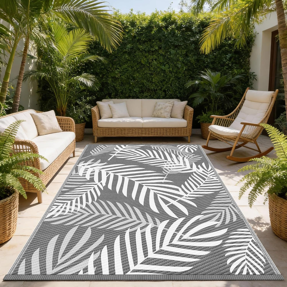 Kohree Outdoor Rug, Leaf, 8x10, Grey & White