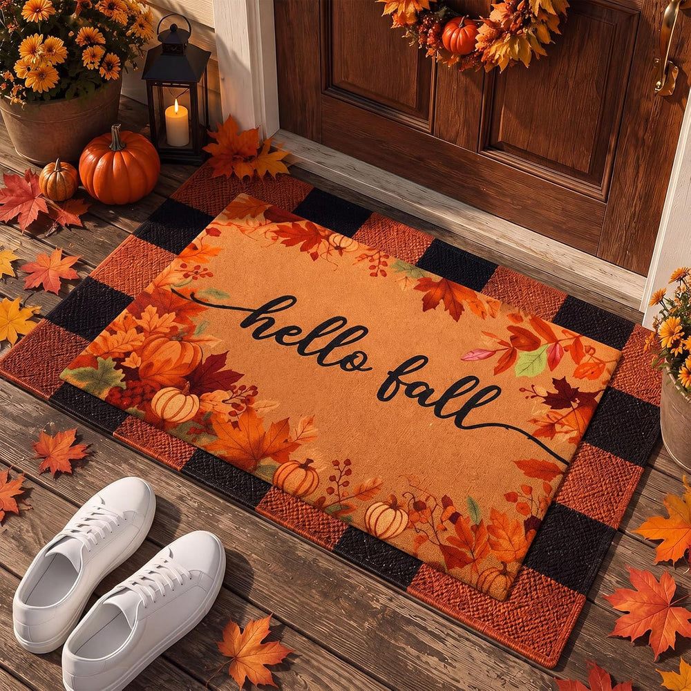 2 Pack Hello Fall Welcome Doormat, Orange Black Checkered Mat Non Slip