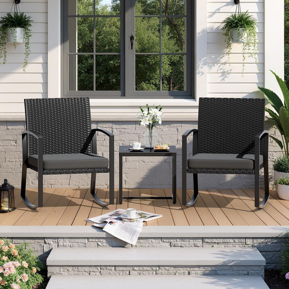 3 Pieces Outdoor Patio Set -Wicker Rattan Chair Conversation Set with Glass T...