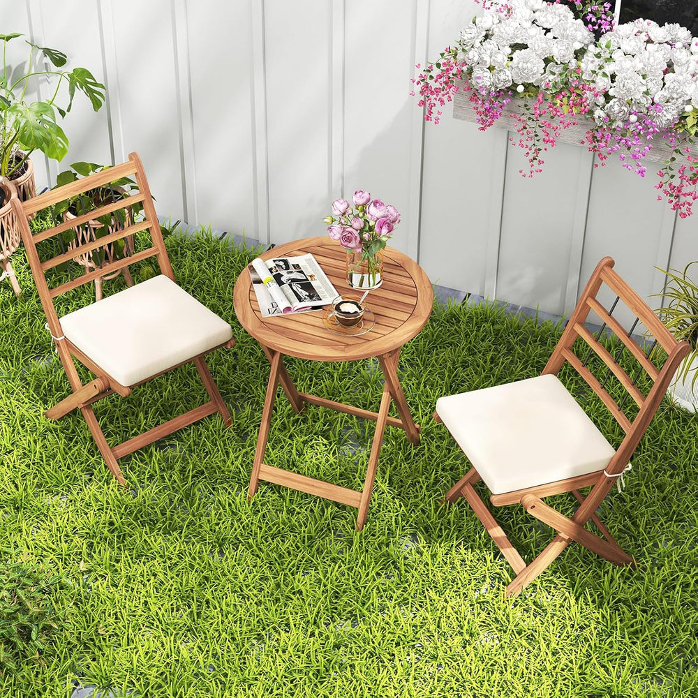 HAPPYGRILL 3 Pieces Acacia Wood Patio Bistro Set, Folding Outdoor Table and C...