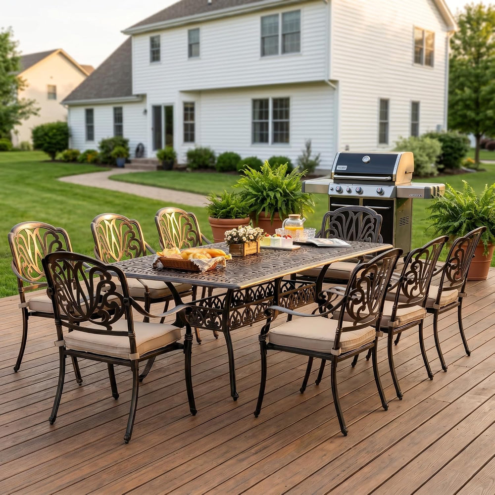 9-Pcs Cast Aluminum Patio Dining Set,87" Rectangular Table,Bronze
