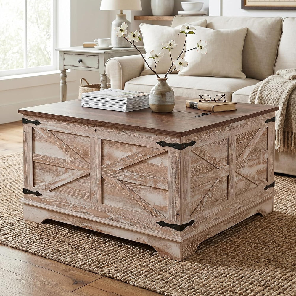 senlin Farmhouse Coffee Table, Heavy-Duty Coffee Table with Storage, Square W...