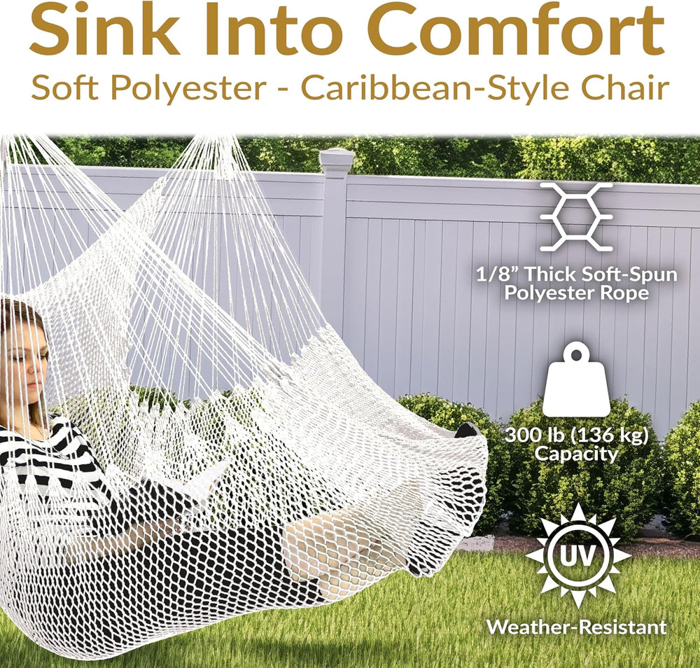 Sunnydaze Hanging Hammock Chair Swing for Patio, Caribbean, White