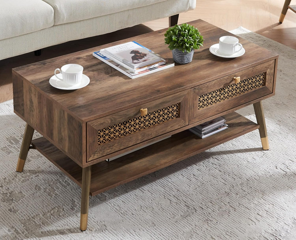 Wooden Mid Century Modern Coffee Table, Retangle Coffee Table with Two Drawer...