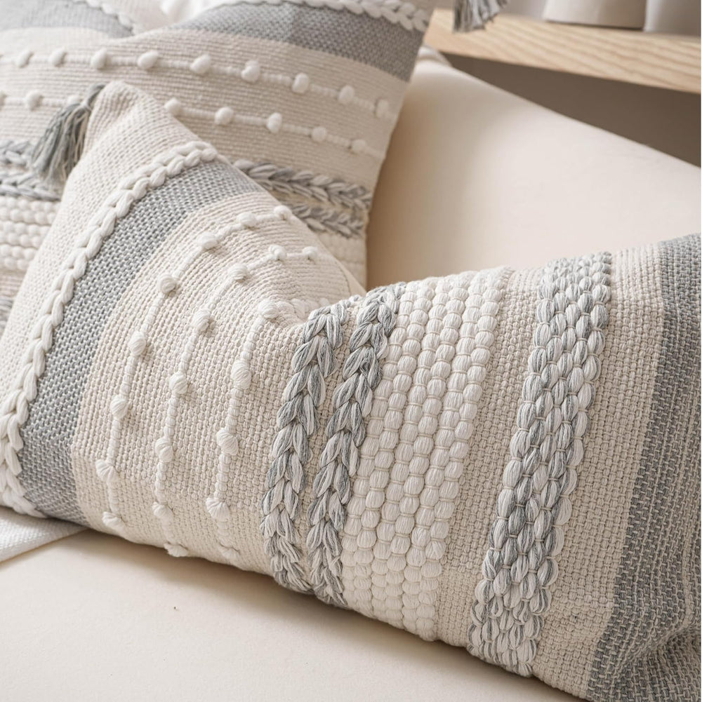 BlissBlush Gray Boho Decorative Throw Pillow Cover 20x20 Square Farmhouse Acc...