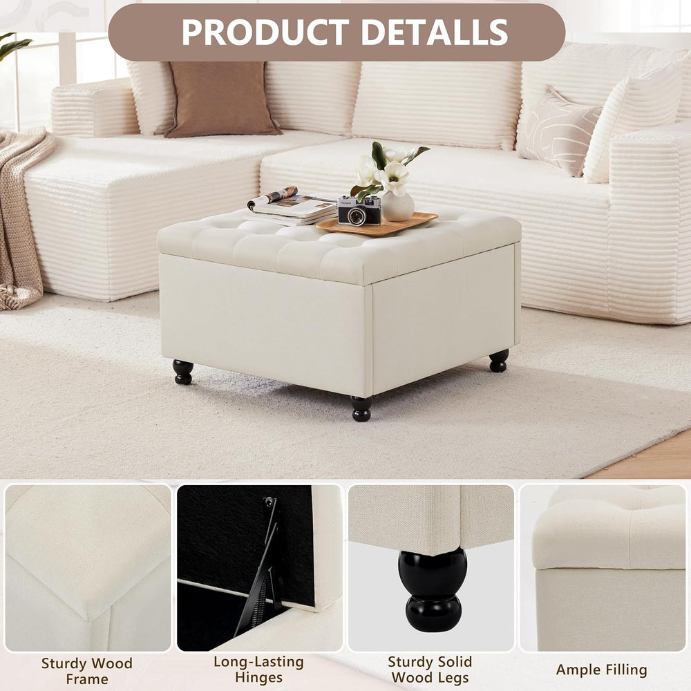 28" Large Square Ottoman with Storage, Fabric Ottoman Coffee Table, Beige