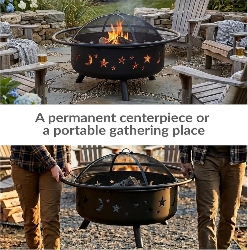 Sunnydaze Cosmic 42" Large Fire Pit for Outside Wood Burning, Round, Metal