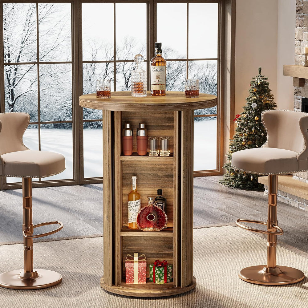 Tribesigns Round Bar Table, 35.4" Rustic Cocktail Table with 3-Tier Hidd...