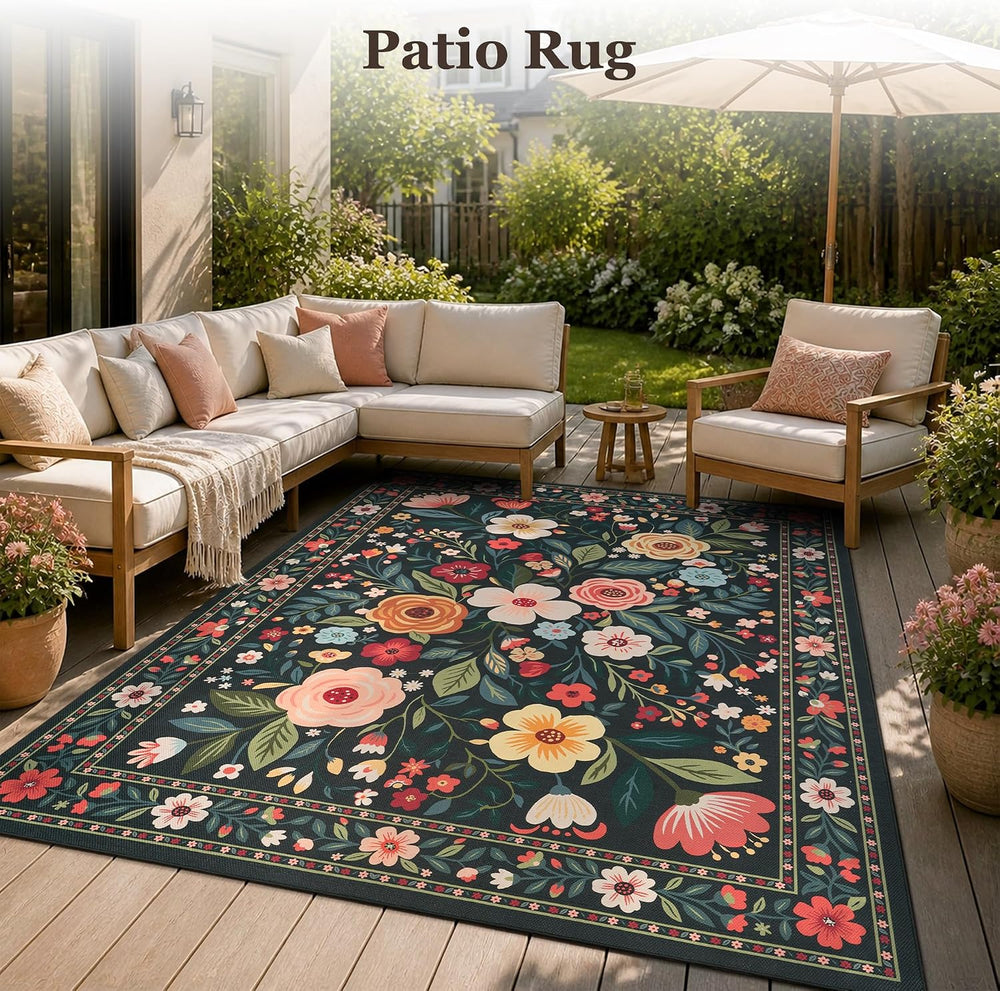 PADOOR Outdoor Rug 5x7 ft, Floral Washable Indoor Outdoor Area Rug, Flat‑Wove...