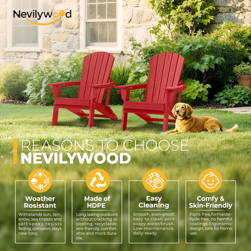 nevilywood Folding Adirondack Chairs Set of 2, HDPE Cup Holders, Red