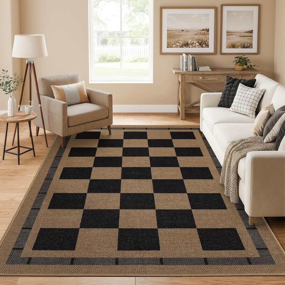5x7 Checkered Jute Outdoor Rugs, Washable Rug for Living Room Bedroom Patio