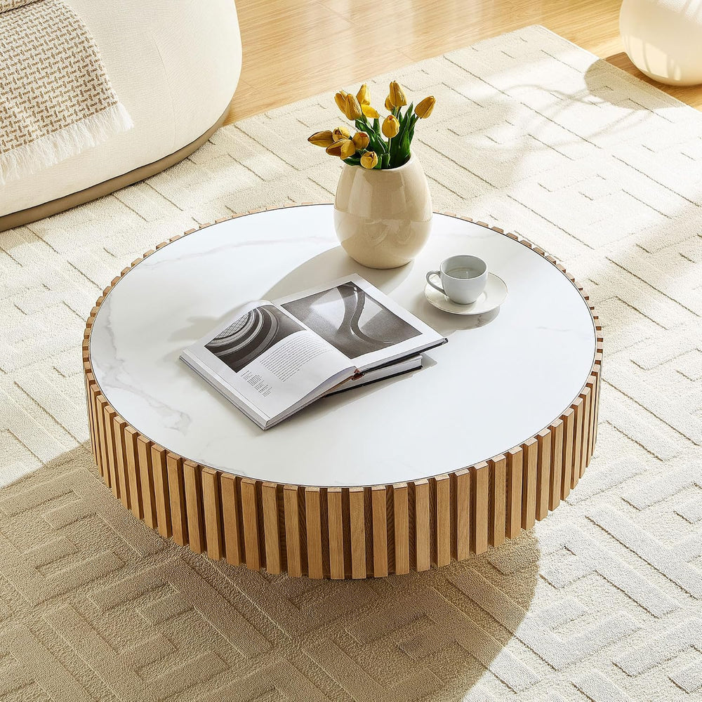 35.43" Oak Round Wood Coffee Tables with Faux Marble White Sintered Ston...