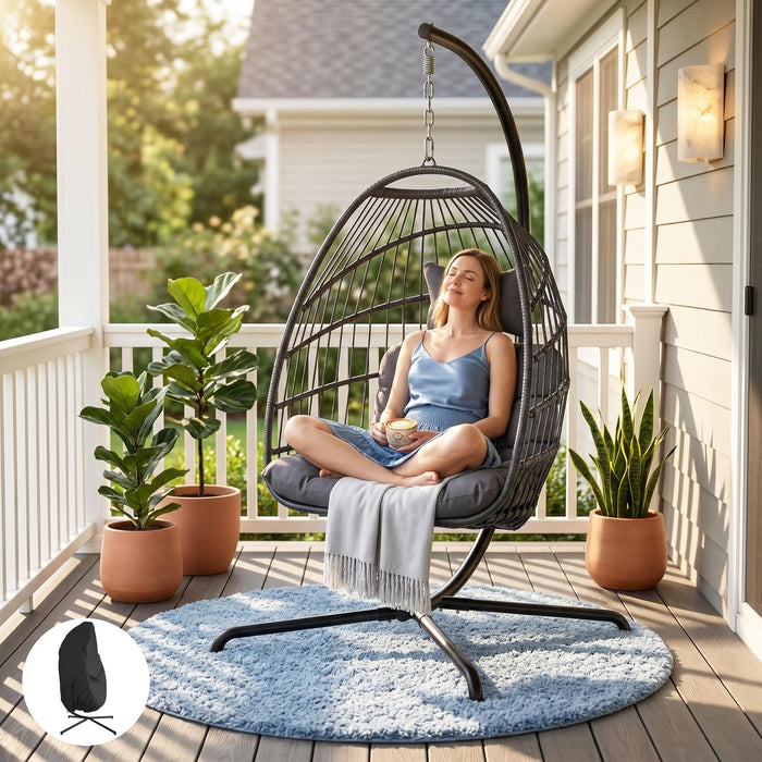 BULEXYARD Patio Hanging Egg Chair Outdoor with Stand & Cover, Dark Grey