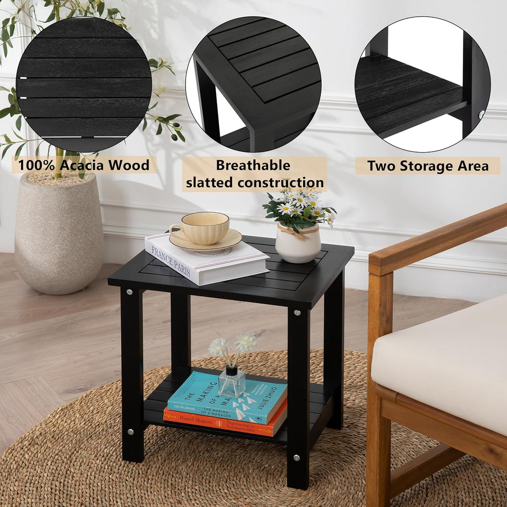 Acacia Wood Adirondack Side Table, 2-Tier Outdoor End Table - Black