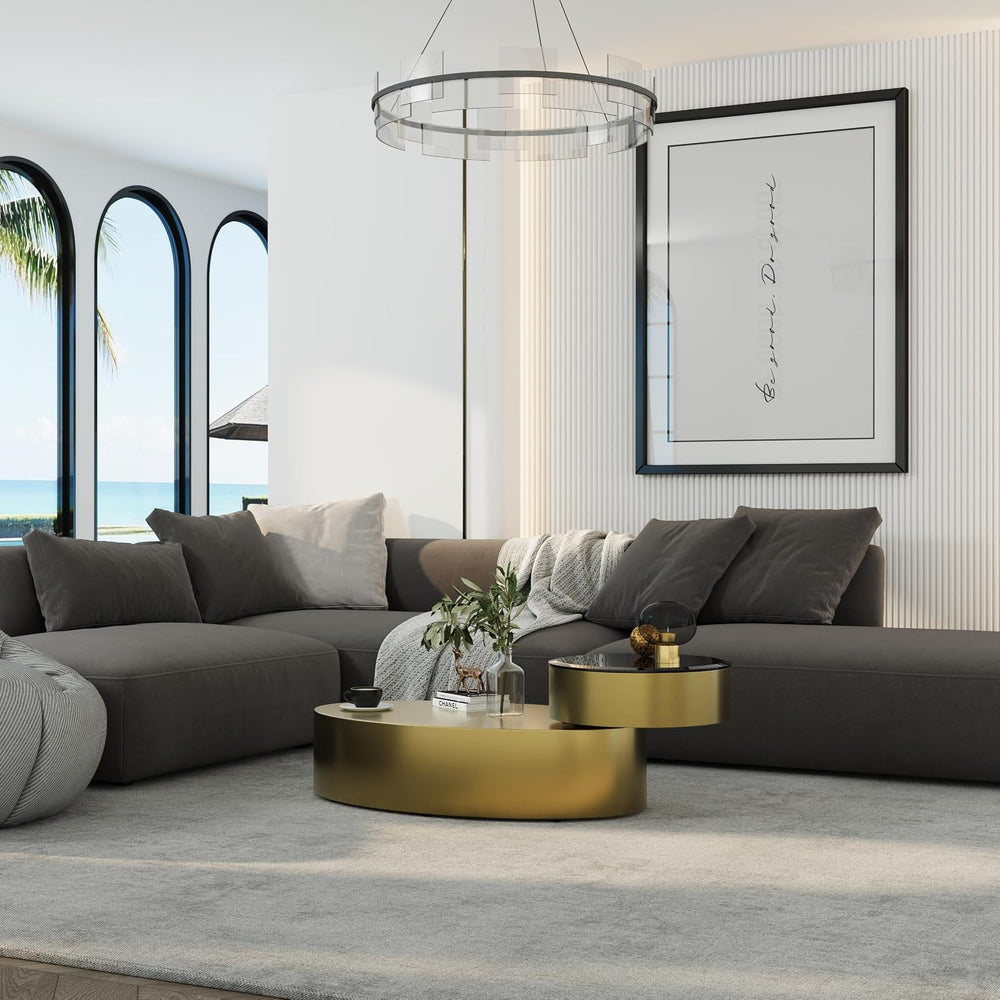 Oval Rotating Coffee Table with Tempered Glass Top, 2-Tier Design & 360° ...