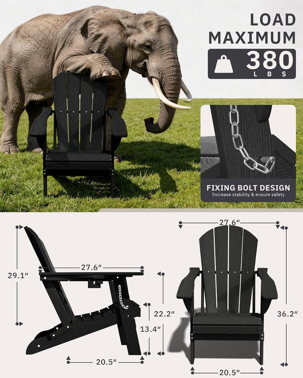 AreShark HDPE Folding Adirondack Chair with Cup Holder, Set of 2, Black