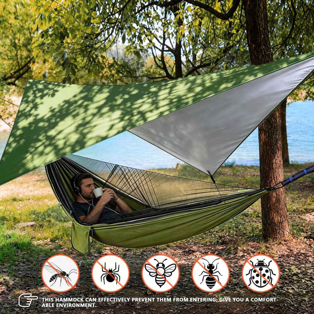 Camping Hammock with Rain Fly Tarp Mosquito Net Heavy Duty Tree Straps Portab...