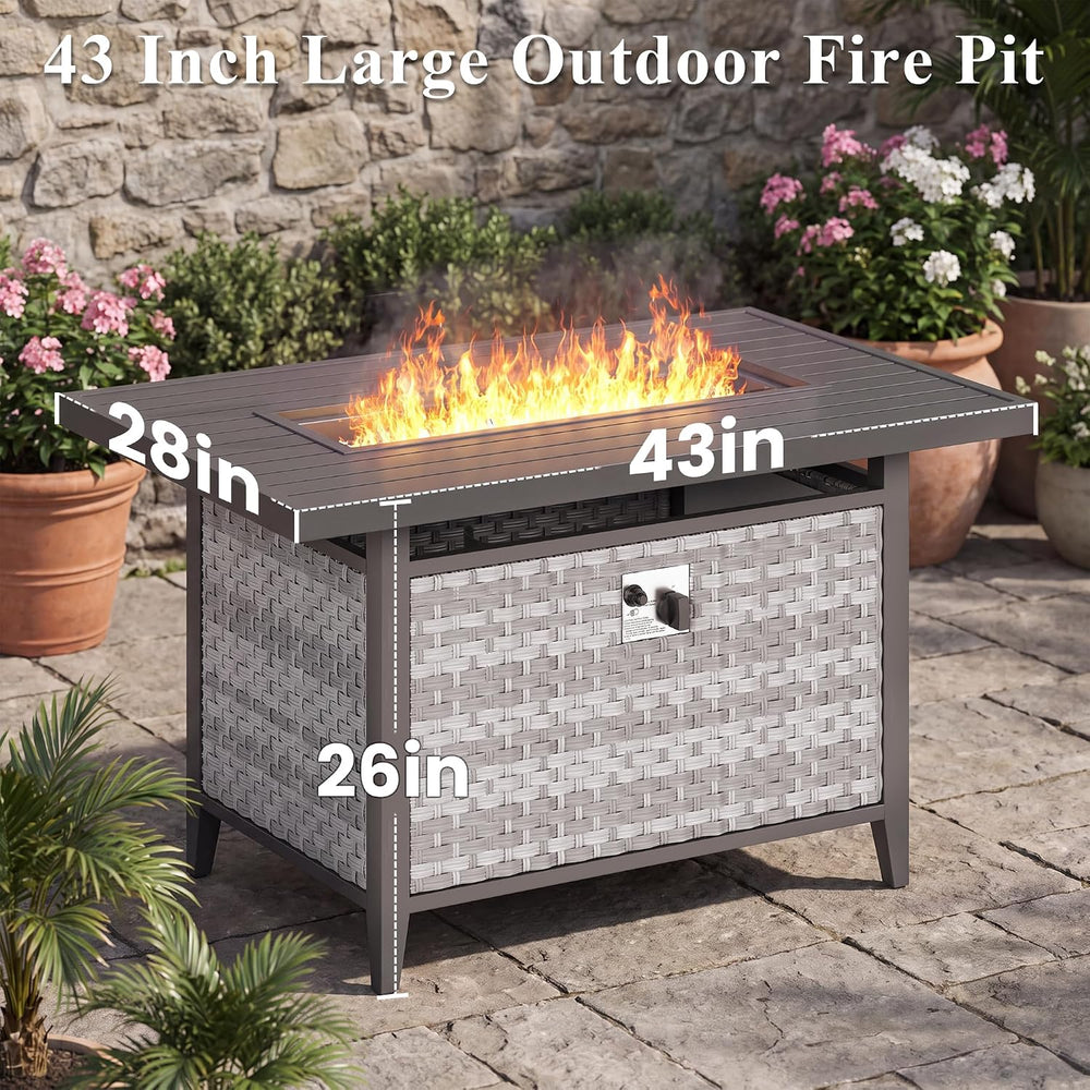 43 in Wicker Propane Fire Pit Table with Lid, 55,000 BTU