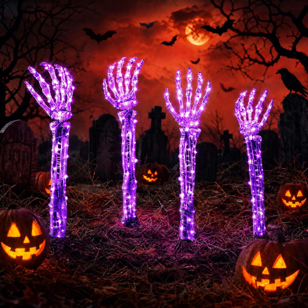 Halloween Skeleton Arm Stakes 4‑Pack, 160 Purple LED Battery‑Powered Lights