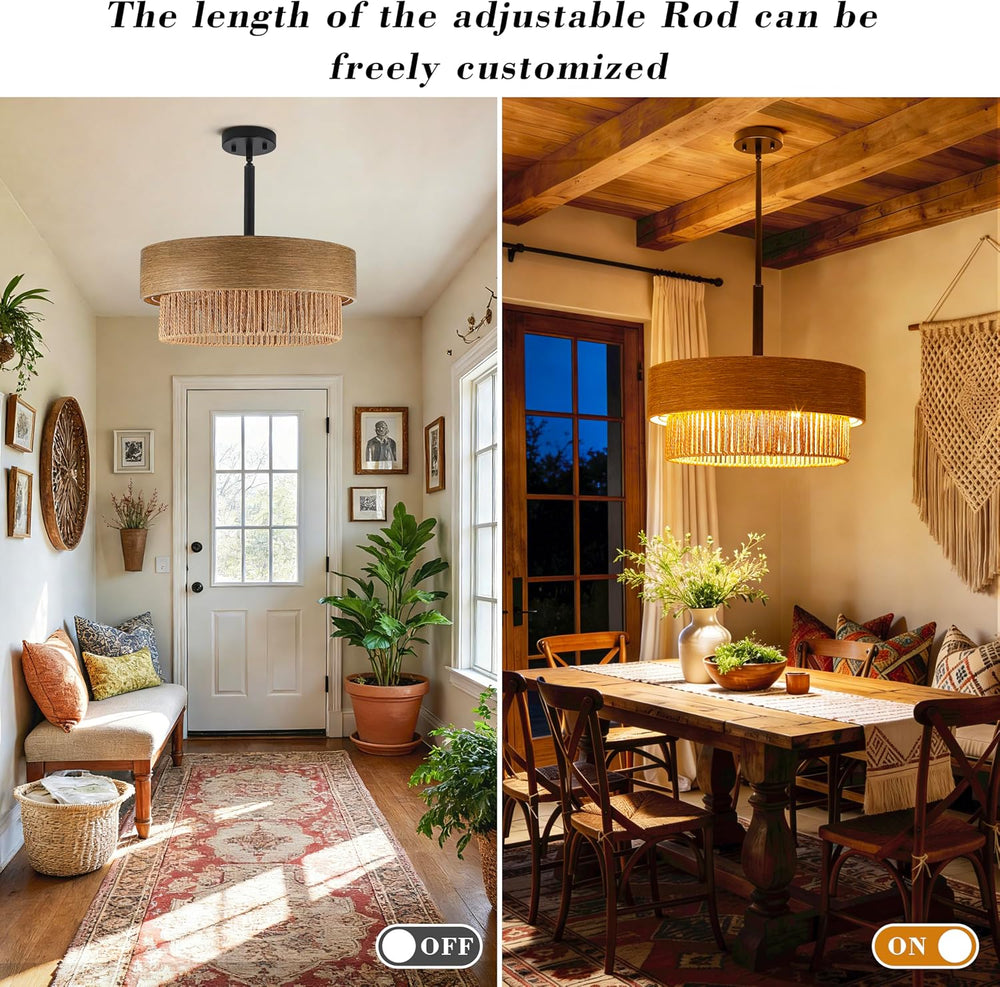 19.6" Large Wood Texture Drum Chandelier for Dining Room with Woven Rattan