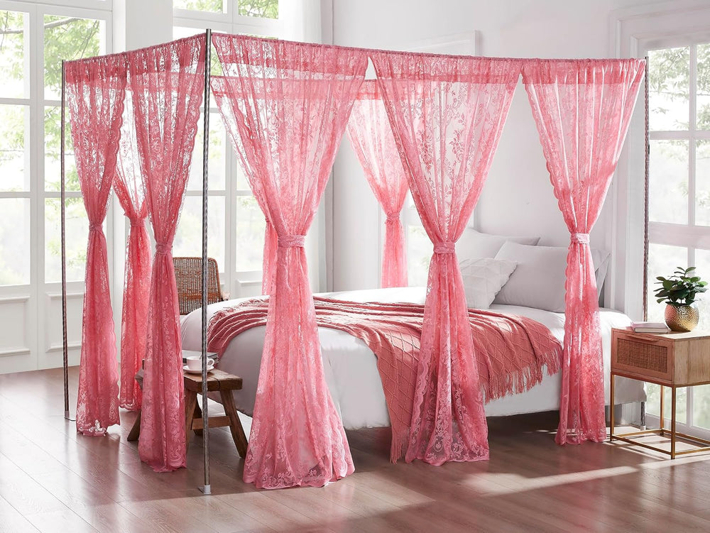 Warm Home Designs Pink Lace Canopy Bed Curtains with Tie-Backs. LC Rose
