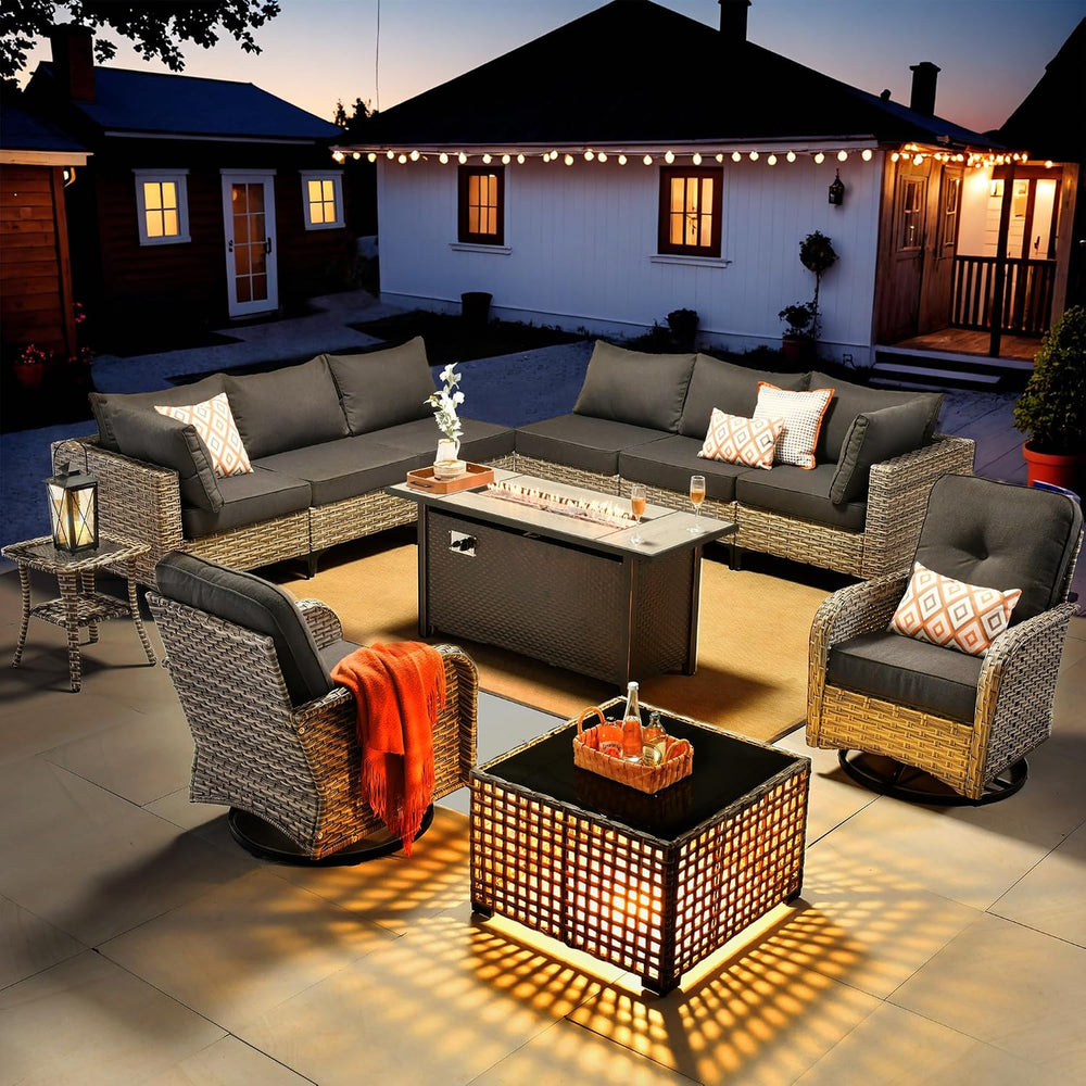 HOOOWOOO Outdoor Patio Furniture Set with Fire Pit Table,11 Pieces Wicker Out...