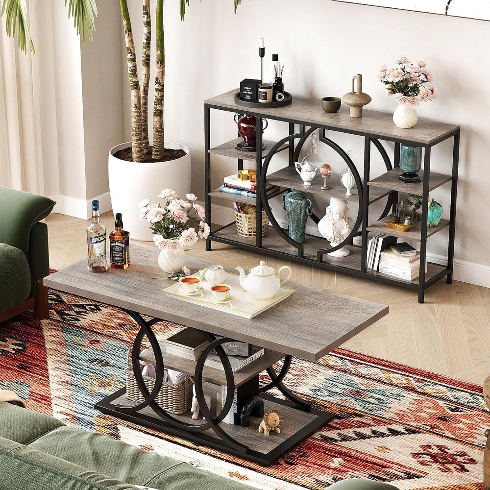 GiftGo Rustic Coffee Table with Storage Industrial 3 Tier Center Living Room ...