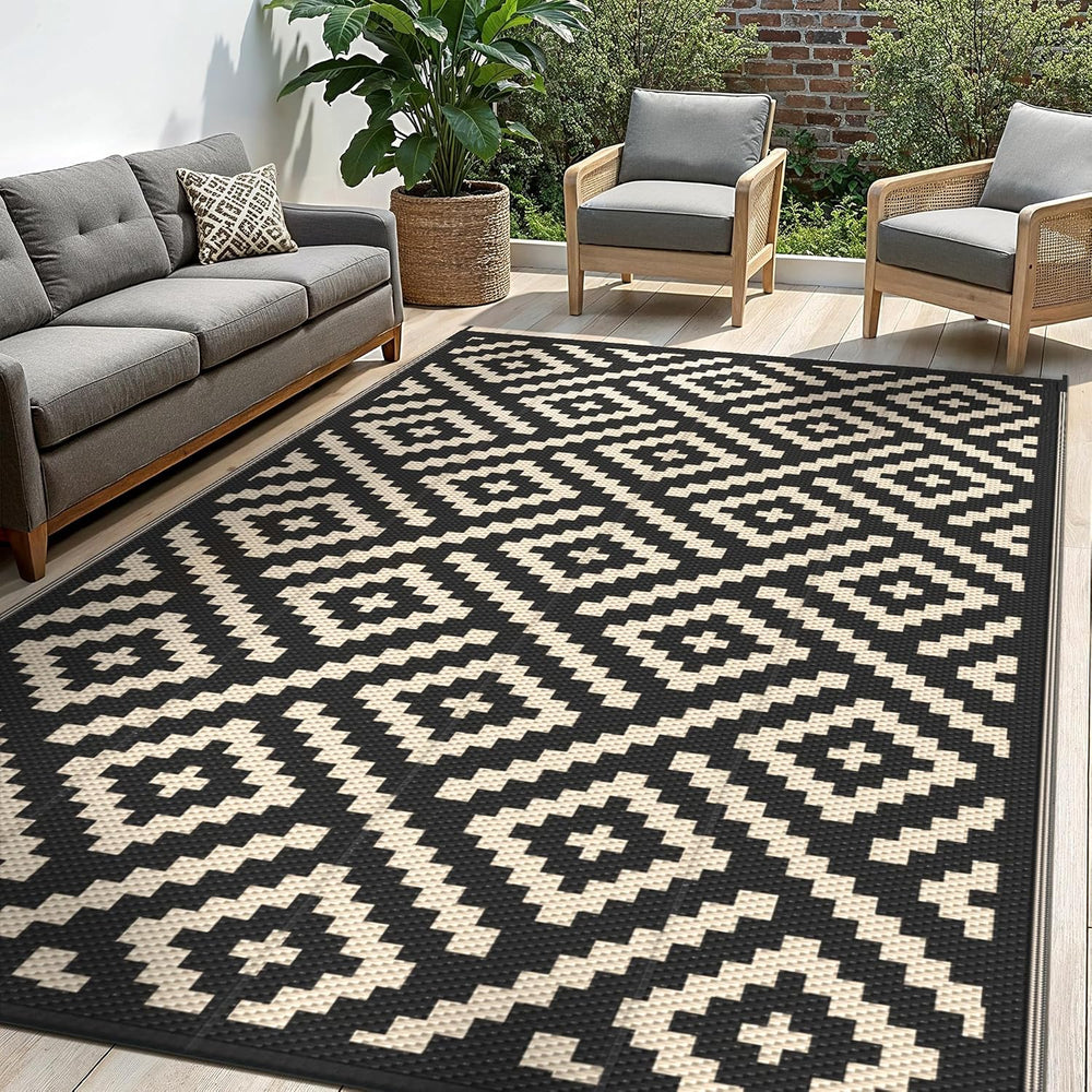 sarben Outdoor Rug, Waterproof Plastic Rugs for Patio, 6'x9' Black Beige