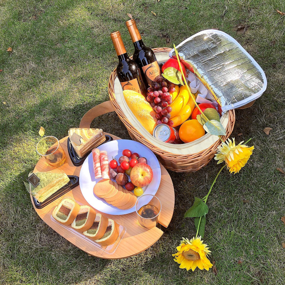 Hap Tim Wicker Picnic Basket Set for 4 with Mini Folding Wine Picnic Table &a...