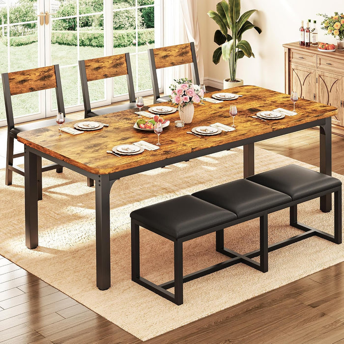 5-Piece Dining Table Set for 6, 63'' Long Kitchen Table Cushion Chairs Set with PU Bench and 3 Chairs, Rectangle Dining Table with Metal Frame & MDF Board, Space-saving for Small Apartment, Rustic