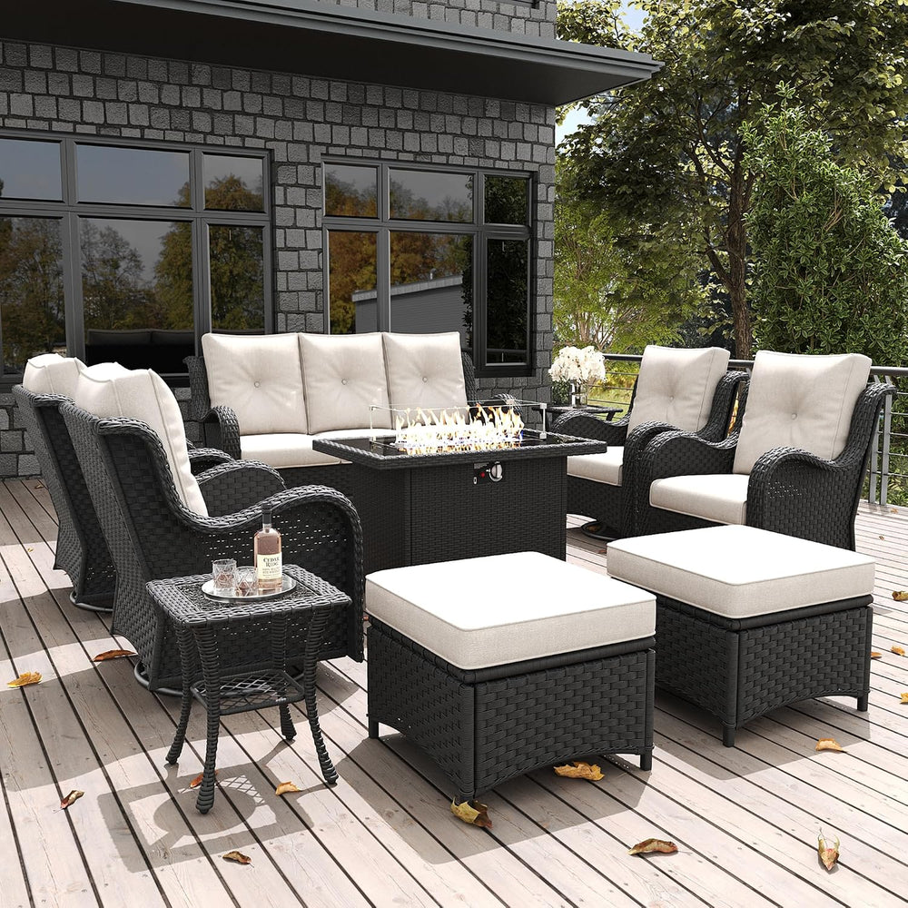 LayinSun 10 Pieces Outdoor Patio Furniture Set with Fire Pit Table, Rattan Wi...