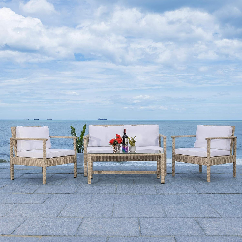 Safavieh Outdoor Collection Garnen Beige Wicker Cushion 4-Piece Living Set PA...