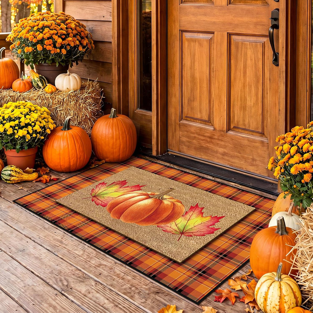 Fourluoo 2 Pcs Fall Door Mat Set Buffalo Plaid Pumpkin Decor