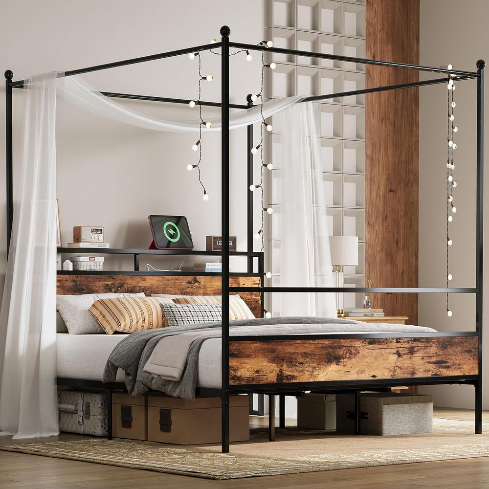 LIKIMIO Canopy Bed Frame King with Storage Headboard & Charging Station, ...