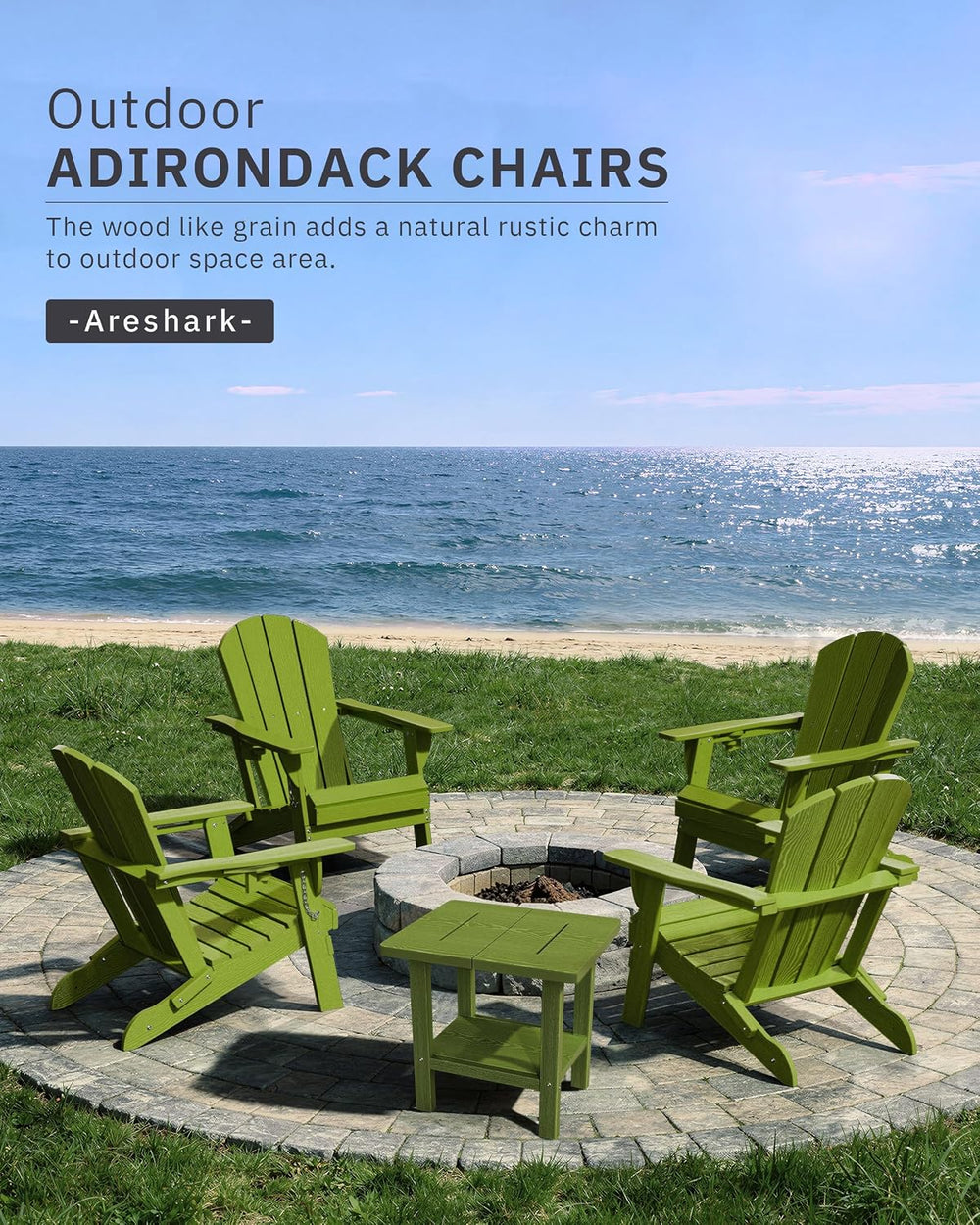 AreShark HDPE Folding Adirondack Chair with Cup Holder, Green
