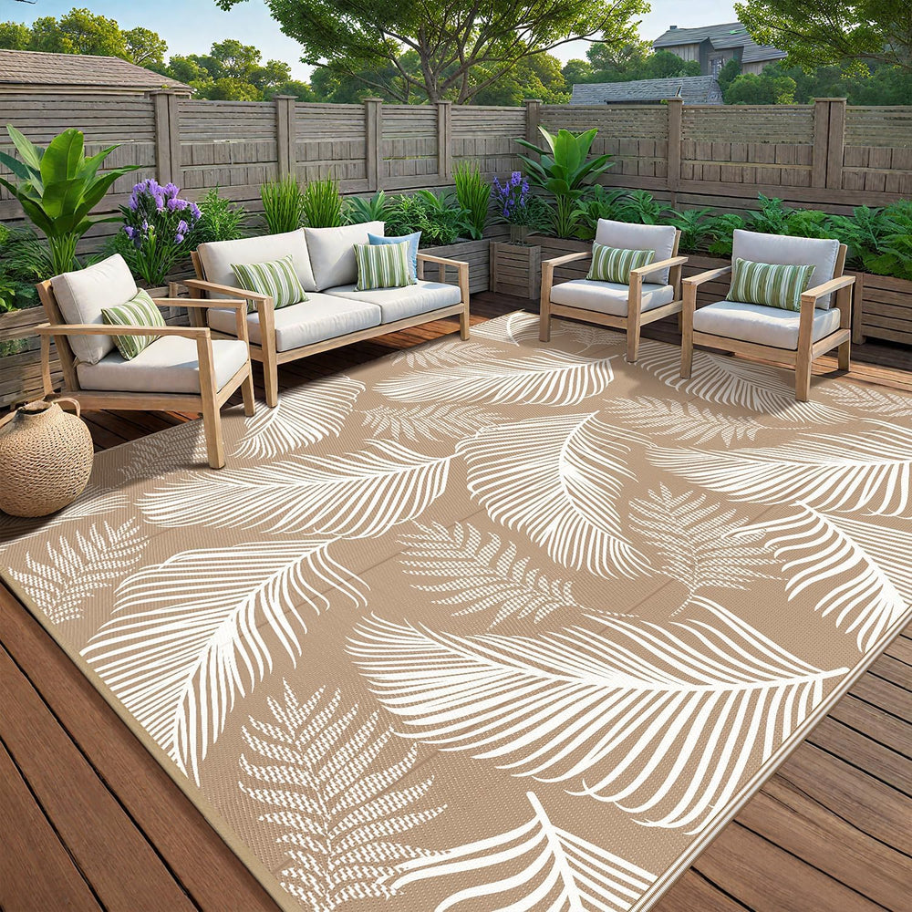 Pauwer Waterproof Outdoor Rug 9x12, Plastic Straw Patio Rug, Leaf Brown