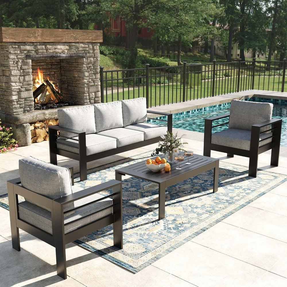 4 Pieces Modern Aluminum Patio Furniture Set, Outdoor Conversation Sets Metal...