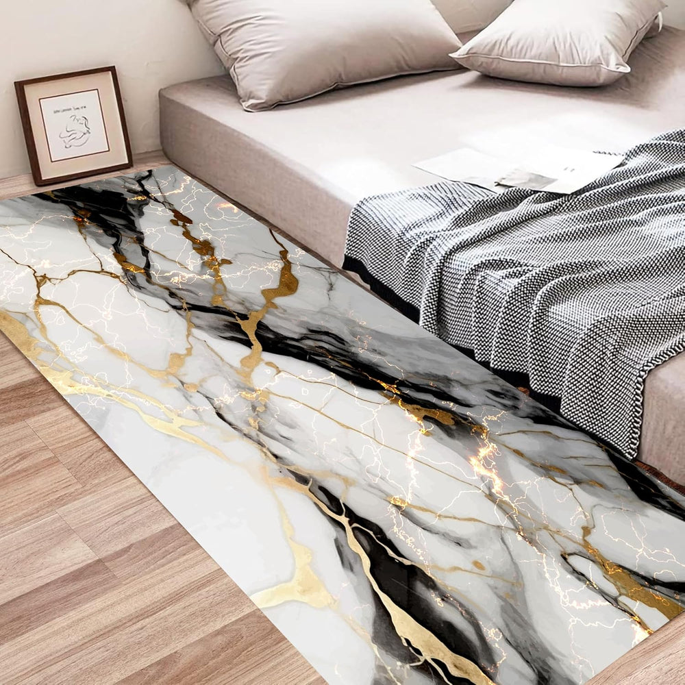 White Marble Runner Rug,2x6ft, Black Gray Gold Texture Design Long Kitchen Ma...