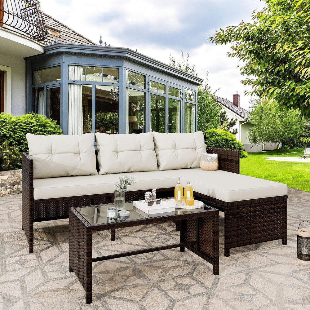 Vongrasig 3 Piece Patio Furniture Sets, All-Weather PE Wicker Outdoor Sofa Co...