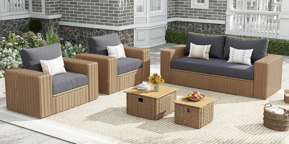 AMERLIFE 6-Piece Patio Sofa Set with Convertible Coffee Table - 8.3" Wid...