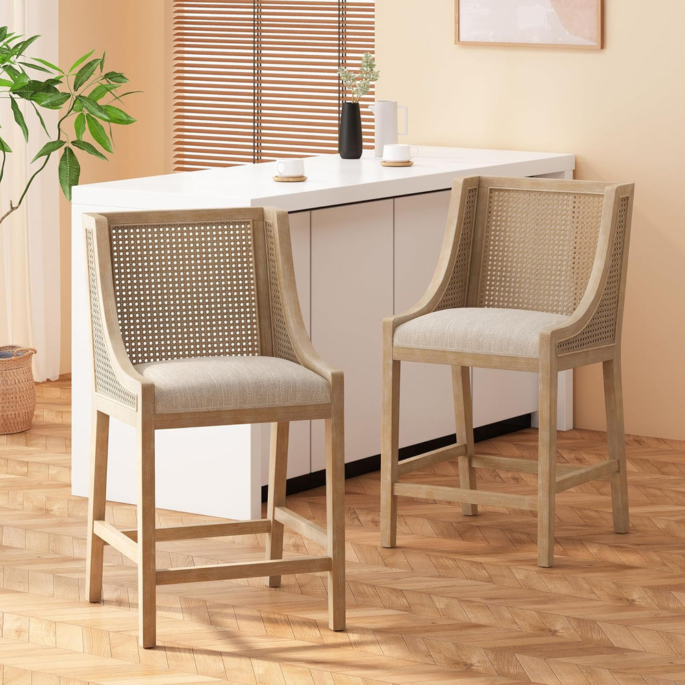 Merax 25.5" Fabric Upholstered Wood and Cane Counter Stools with Backres...