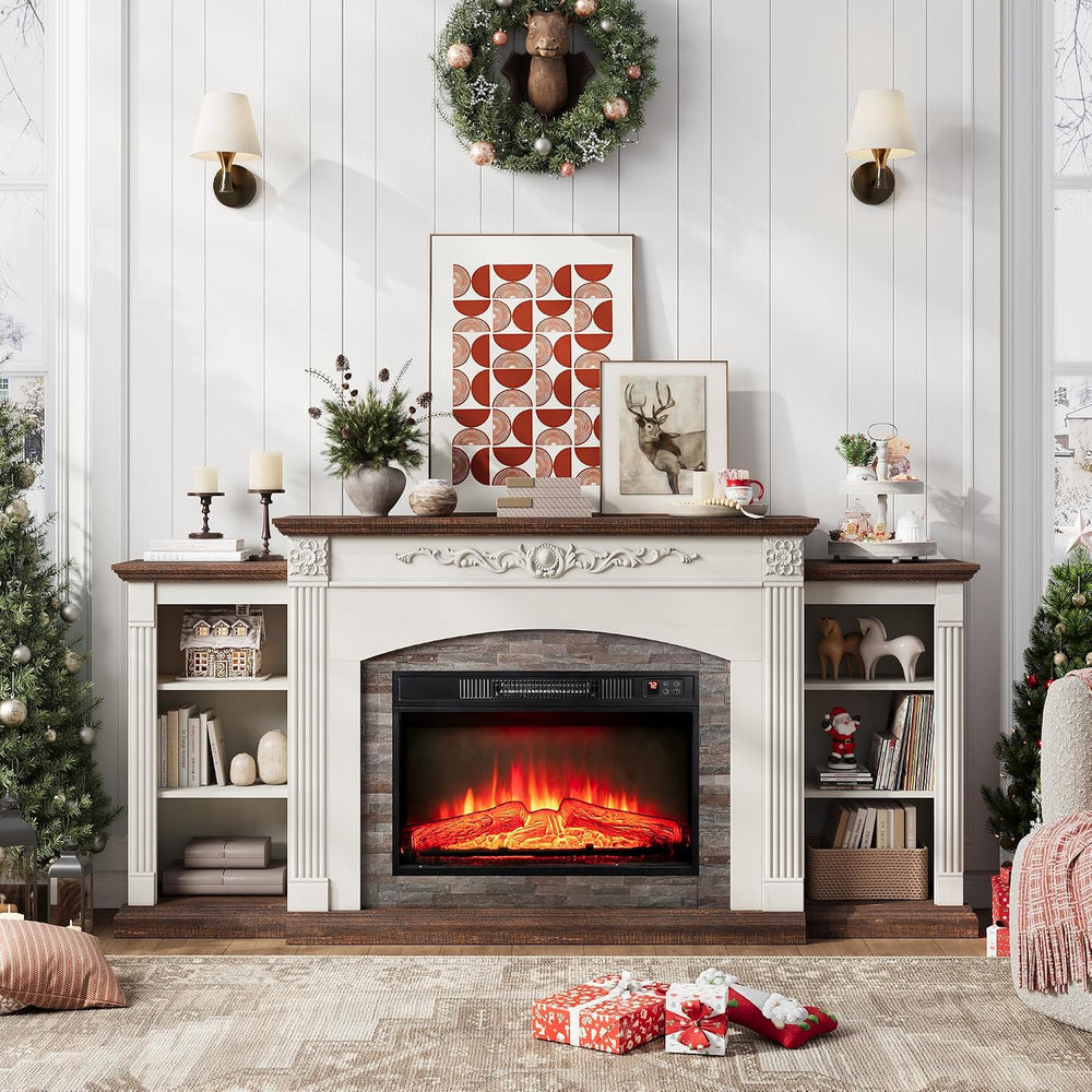 72" Electric Fireplace TV Stand for TVs Up to 85" with Mantel, White