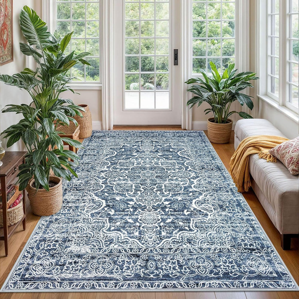 KUTA Floral Area Rug 4x6 Living Room Washable Rugs Vintage Blue White