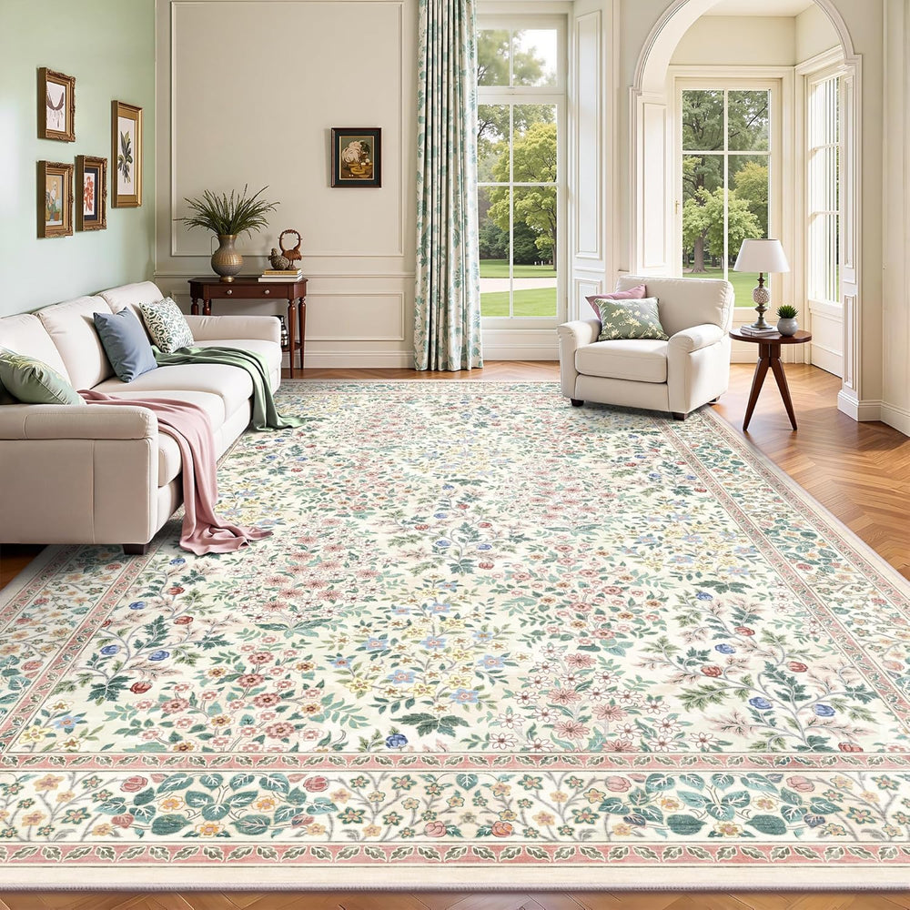 8x10 Area Rugs, Machine Washable Low Pile Floral Rugs for Living Room, Bedroo...