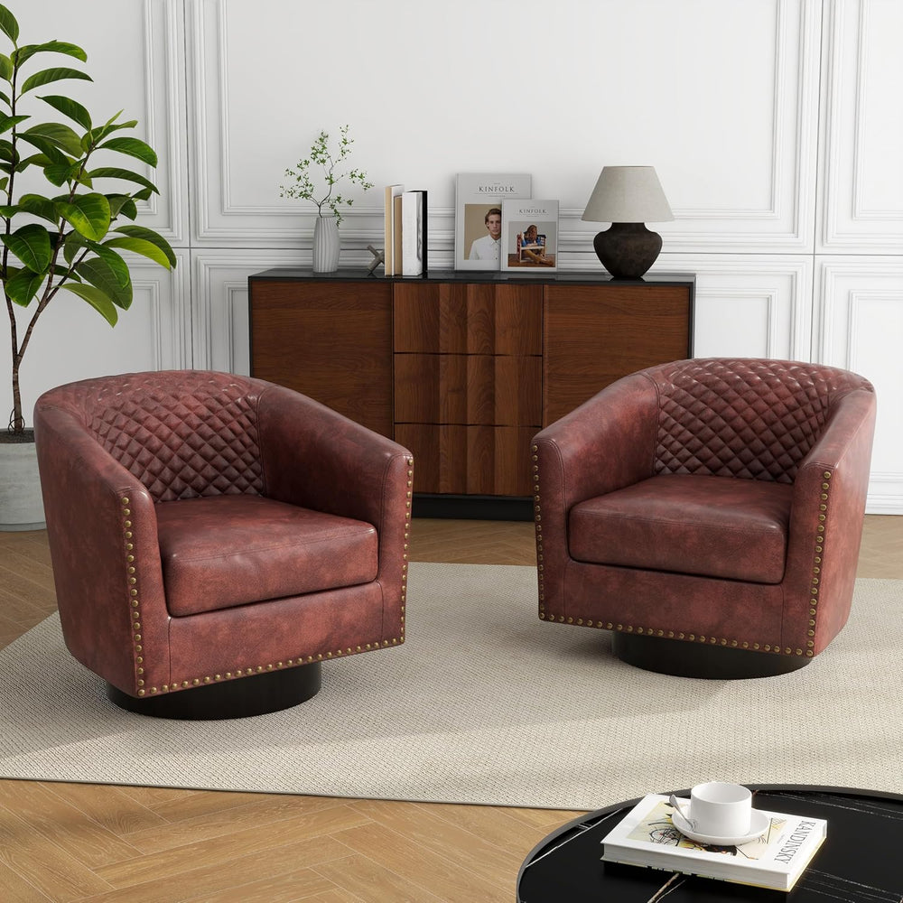 Faux Leather Swivel Accent Chair, Barrel Club Armchair, Red Brown