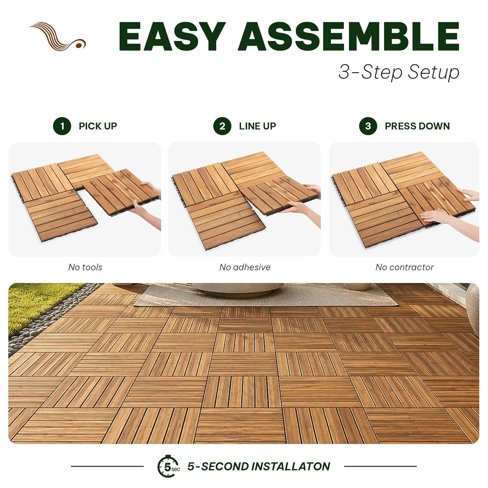 Acacia Interlocking Deck Tiles, 10 PCS Wood Flooring, 6 Slats, Honey Oak
