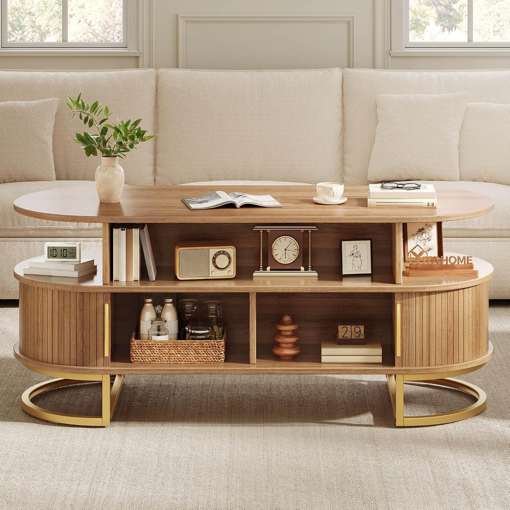 YITAHOME 47.2" Oval Coffee Table with Sliding Doors, Storage, Natural Oak