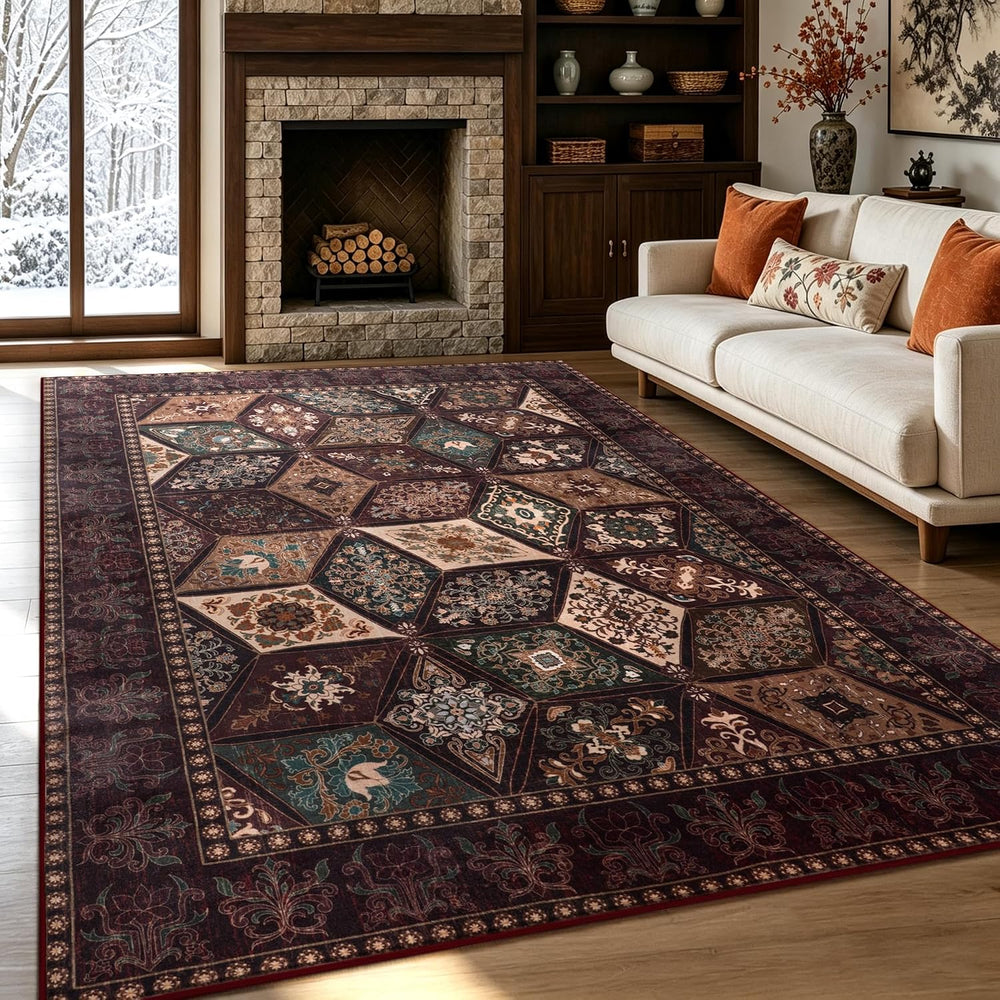 Moroccan Boho Floral Geometric Patchwork Washable 5x8 Large Area Rug